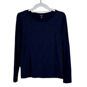 Talbots - Women's Petite Size S - Dark Blue Lace Floral Patern Top - Long Sleeve